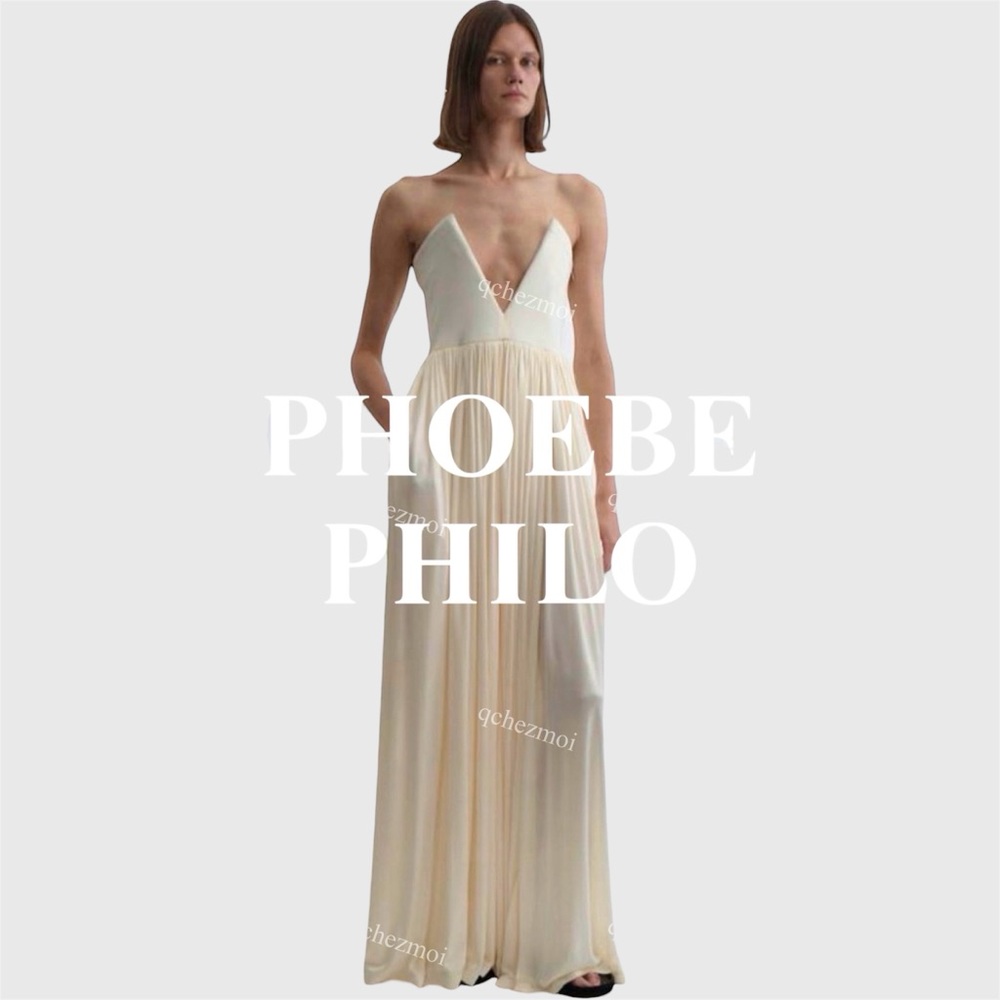 PHOEBE PHILO IVORY OFF WHITE DEEP V BUSTIER JERSEY MAXI DRESS SIZE 36 CÉLINE